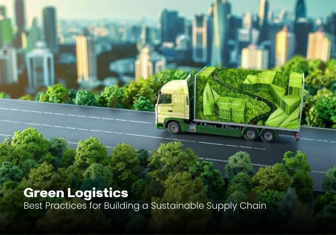 Green logistics truck with eco-friendly design driving on highway through forest, symbolizing sustainable supply chain and green transportation solutions in modern cities.