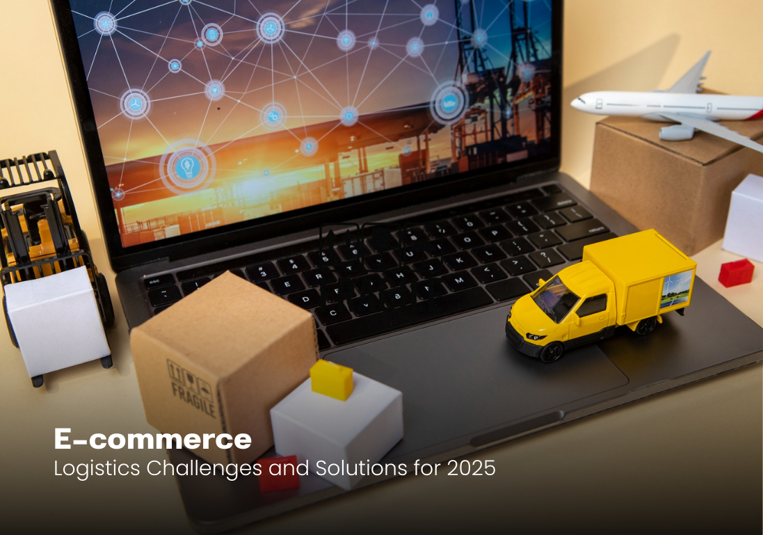 E-commerce logistics challenges and solutions for 2025 shown with laptop, global network, packages, truck, forklift, and airplane.