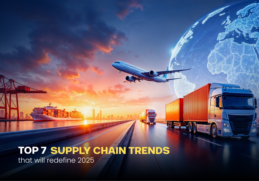 A vibrant sunset scene depicting global supply chain and logistics: an airplane taking off, cargo trucks on a highway, and a container ship at port, all under a stylized globe, representing the 'Top 7 Supply Chain Trends Redefining 2025'.